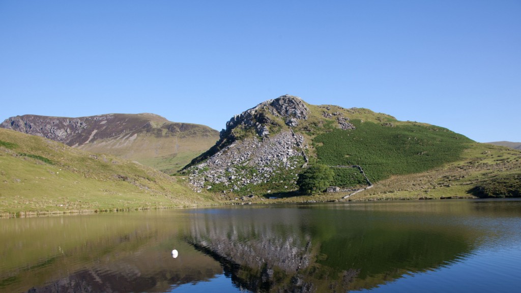 Llyn Y Dywarchen a fishing lake in summer in Snowdonia National Park North Wales